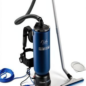 Prolux 10 Quart Blue Commercial Backpack Vacuum, HEPA Filter, Commercial and Residential Use, 50-Foot Power Cord, Crevice Tool, Duster Brush, Adjustable Straps, for All Surfaces, 150 CFM-0