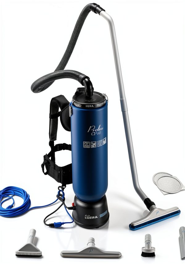 Prolux 10 Quart Blue Commercial Backpack Vacuum, HEPA Filter, Commercial and Residential Use, 50-Foot Power Cord, Crevice Tool, Duster Brush, Adjustable Straps, for All Surfaces, 150 CFM-0