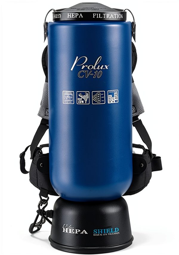 Prolux 10 Quart Blue Commercial Backpack Vacuum, HEPA Filter, Commercial and Residential Use, 50-Foot Power Cord, Crevice Tool, Duster Brush, Adjustable Straps, for All Surfaces, 150 CFM-1